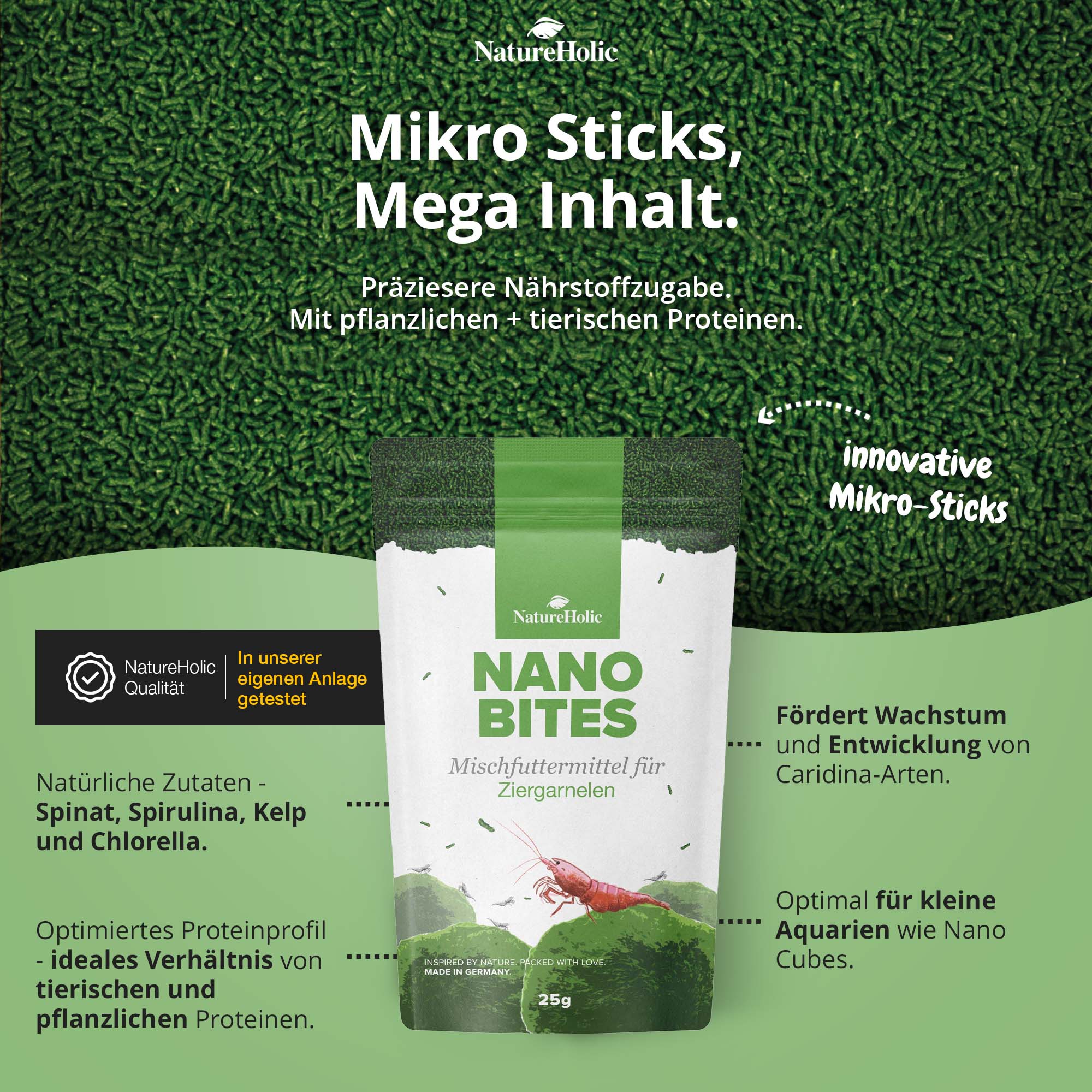 Packung Nano Bites Garnelenfutter, Mikro-Sticks, 25g